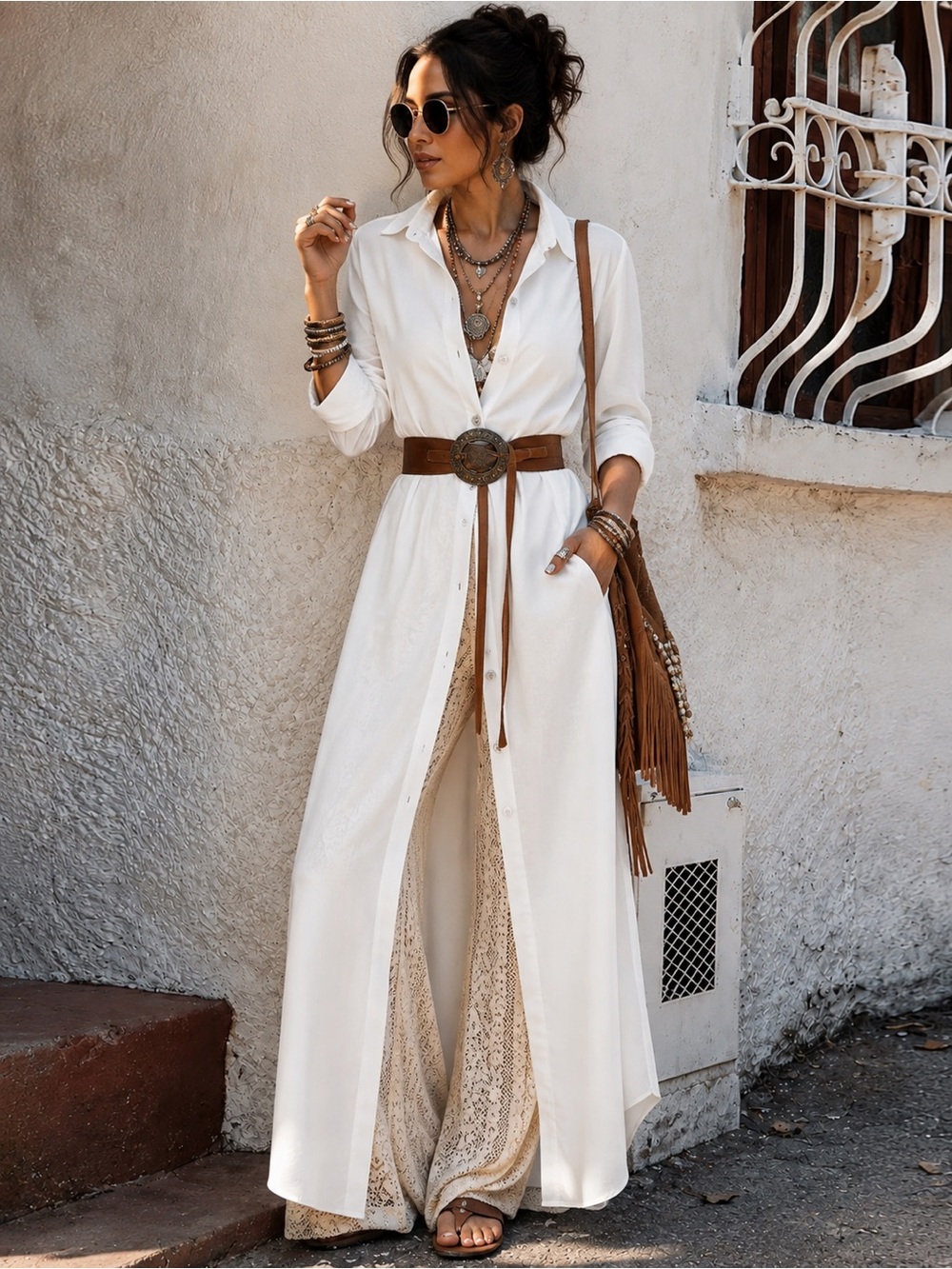 Bohemian styled White Maxi Shirt Dress